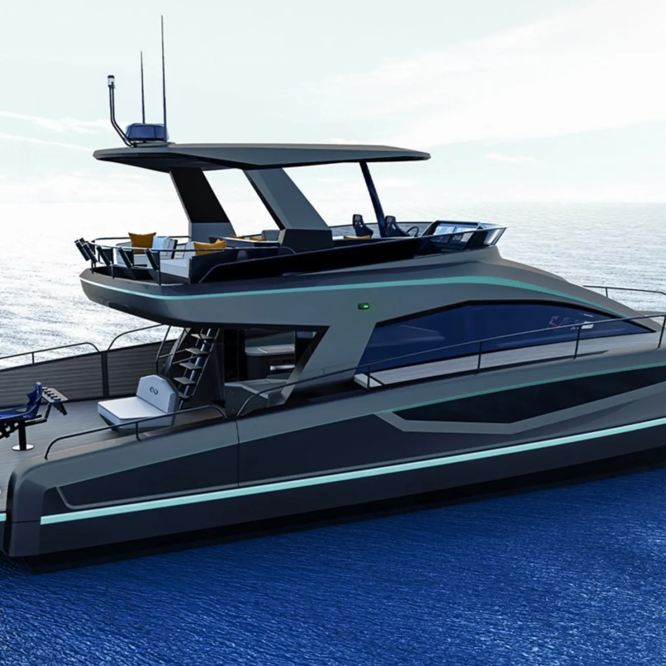 Buitenbeeld van Infiniti Powercat 60 GT HARDTOP Catamaran te koop die haar moderne powercatamaranprofiel, gestroomlijnde romp en ruime open dekruimtes laat zien.