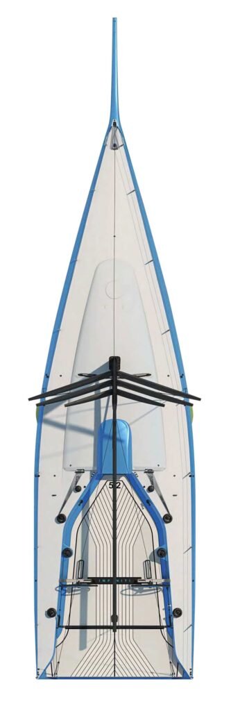Top view of a transparent kayak with black seat and blue frame, inspired by the sleek INFINITI 46 YACHT design.