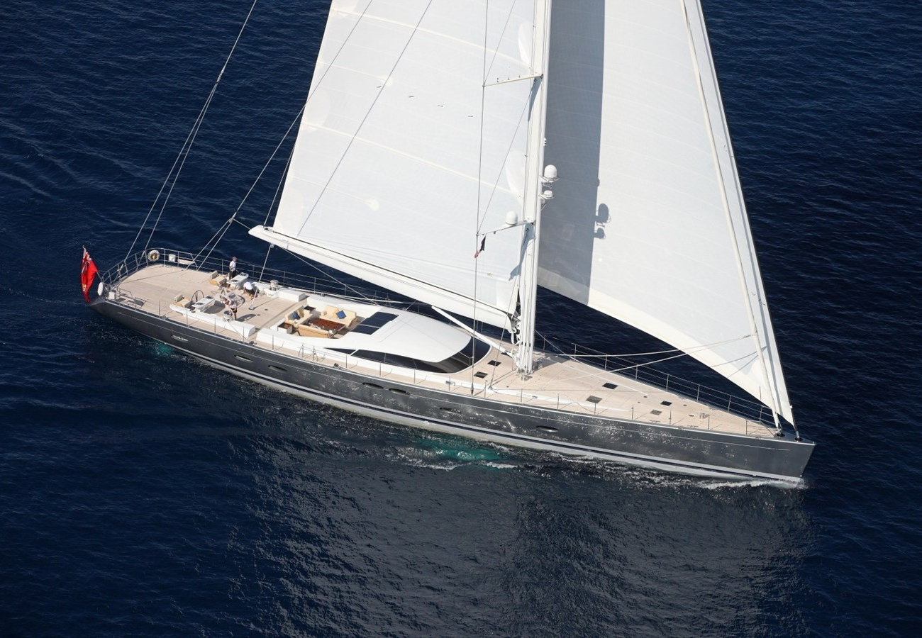 Exterior image of Danish Yacht Holland Jachtbouw MIRASOL 147 sailing yacht for sale showcasing her classic sailing profile, elegant hull lines, and expansive open deck areas.