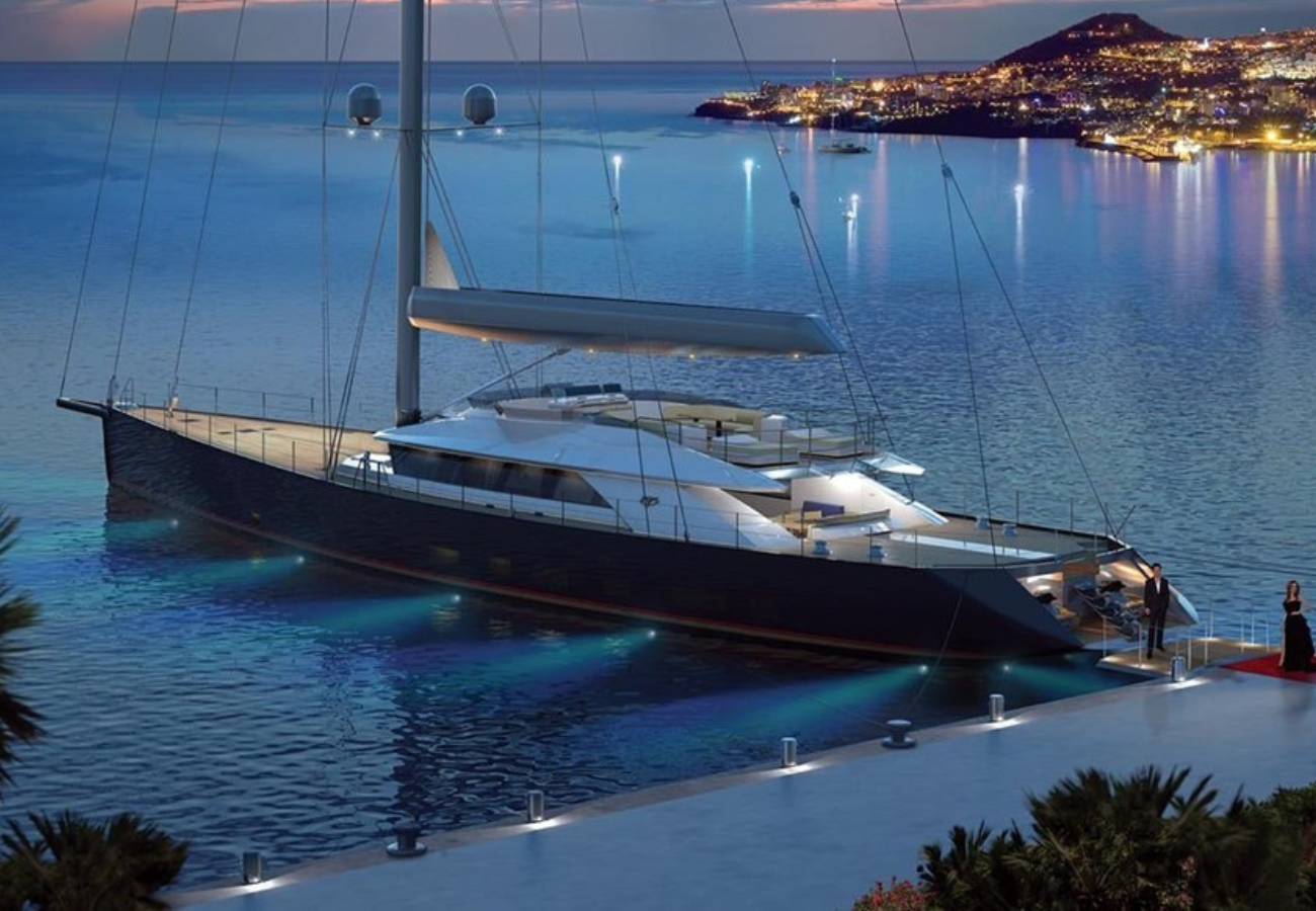 Exterior image of Custom Yachts PROJECT TROY / SYNERGY 50m sailing yacht for sale showcasing her modern sailing profile, clean hull lines, and expansive open deck areas.