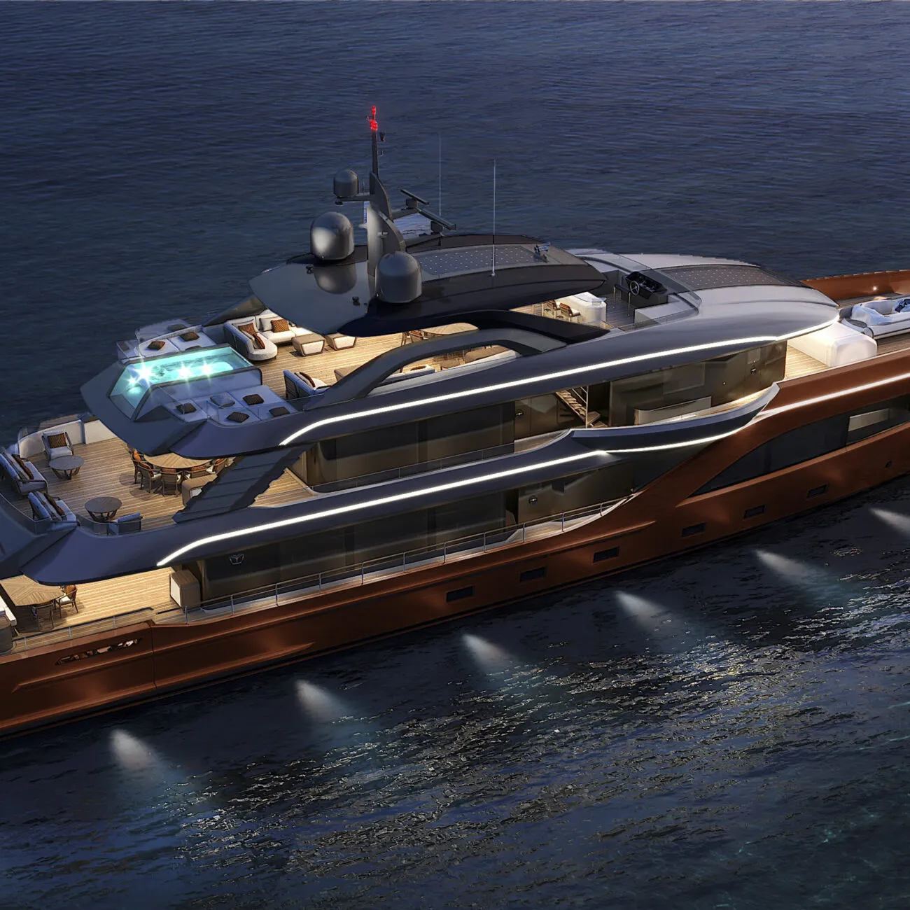 Εξωτερική εικόνα του Majesty 160 Superyachts προς πώληση, που παρουσιάζει το εντυπωσιακό προφίλ των 49.5 μέτρων, τα εκτεταμένα καταστρώματα ψυχαγωγίας και τον σύγχρονο πολυτελή σχεδιασμό του.