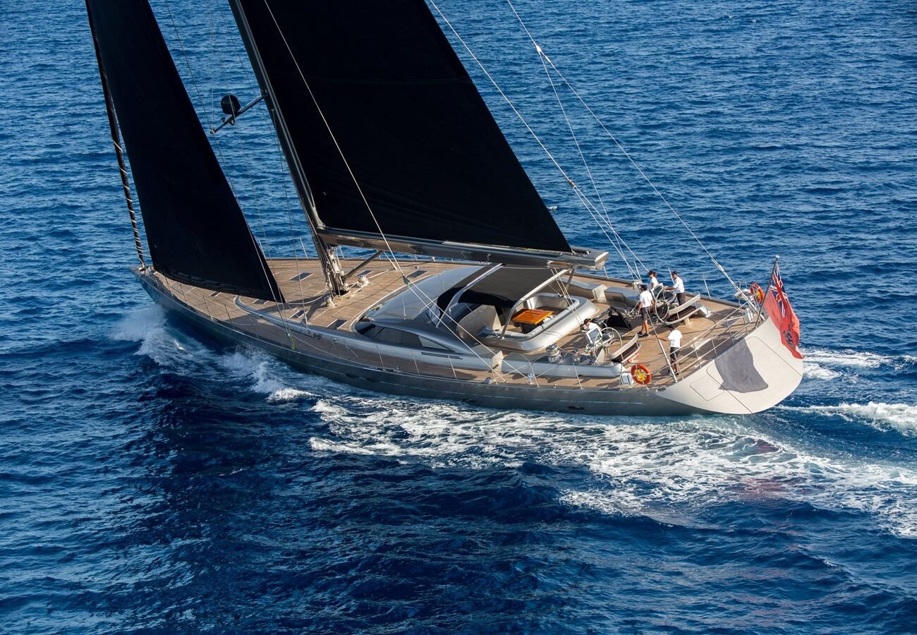 Exterior image of Holland Jachtbouw SWAGGER 37m sailing yacht for sale showcasing her modern sailing profile, sleek hull lines, and expansive open deck areas.