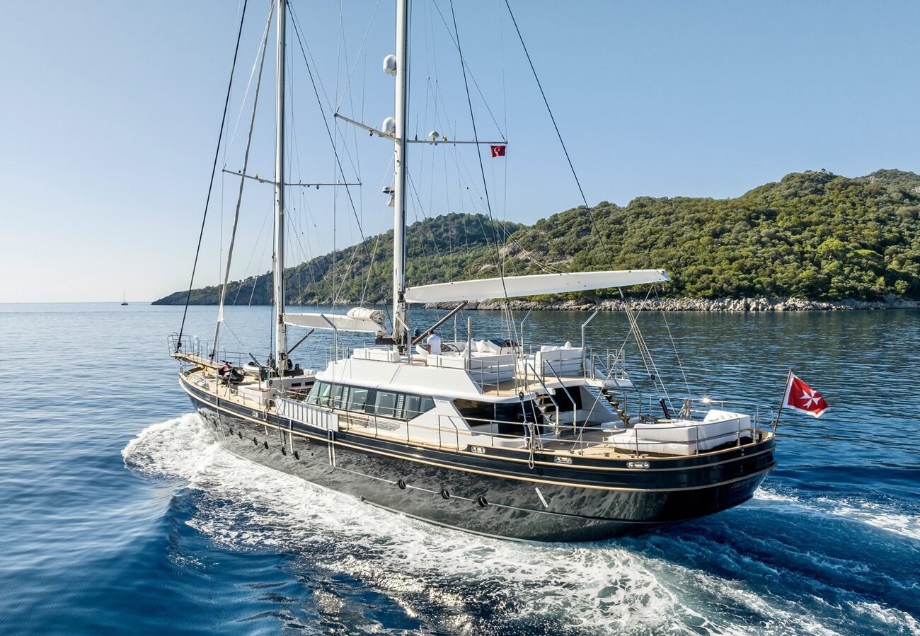 Exterior image of CNT Castagnola ATLANTIKA 40m sailing yacht for sale showcasing her elegant sailing profile, classic hull lines, and expansive open deck areas.