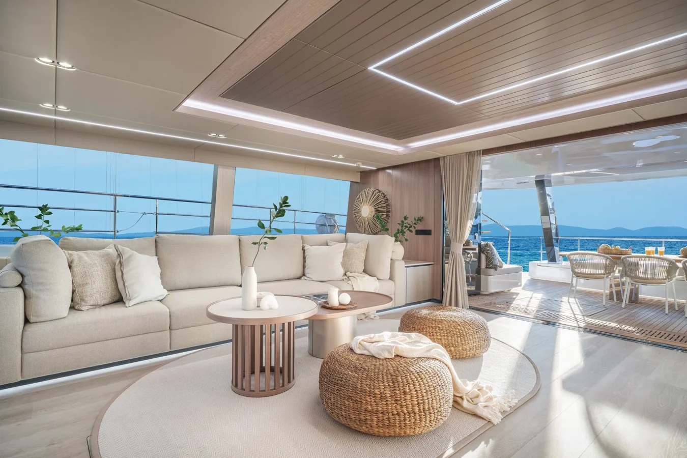 Comfortable sitting area on the deck of Sunreef Yachts 80 Kokomo with panoramic sea views.