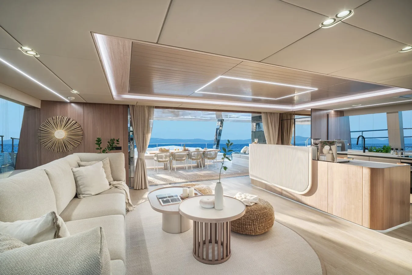 Comfortable sitting area on the deck of Sunreef Yachts 80 Kokomo with panoramic sea views.