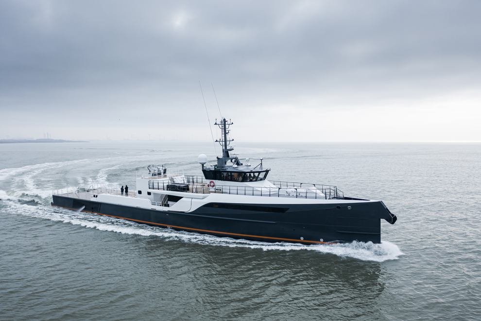 Damen Yachting 182 Gene Chaser cruising across open waters with sleek design and elegance.