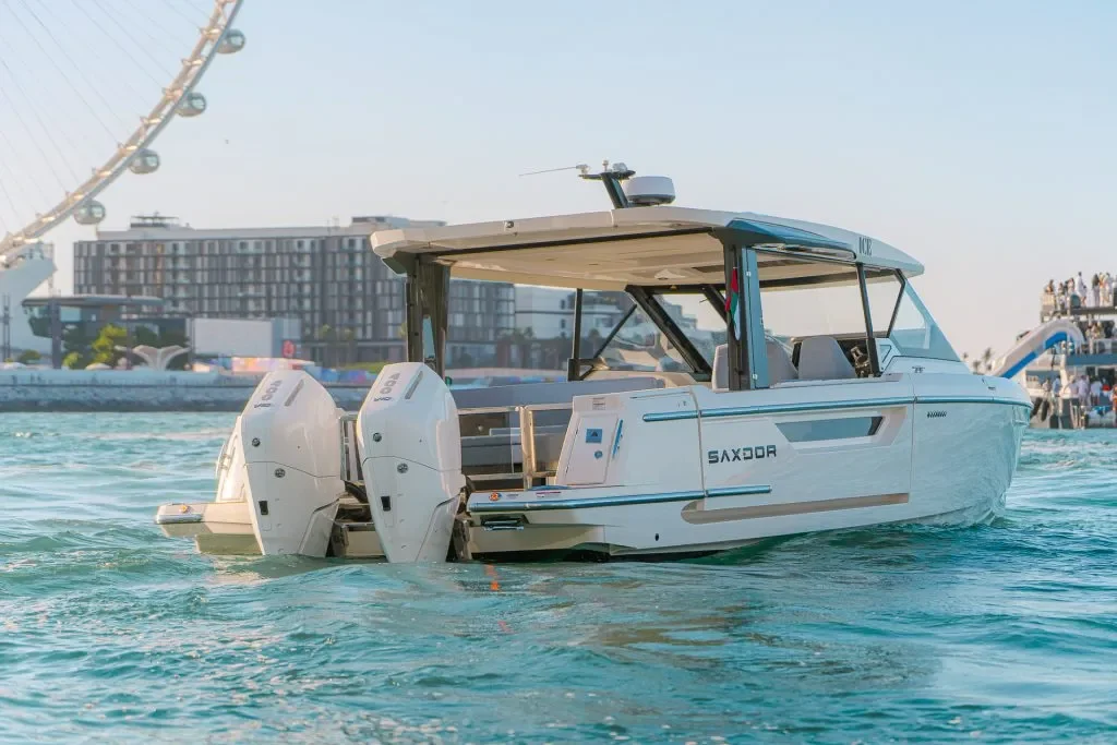 Saxdor 400 GTO Ice yacht showcasing sleek profile, side terraces, and modern Scandinavian design