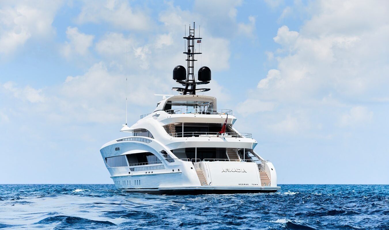 Elegant view of the yacht’s stern with spacious decks.