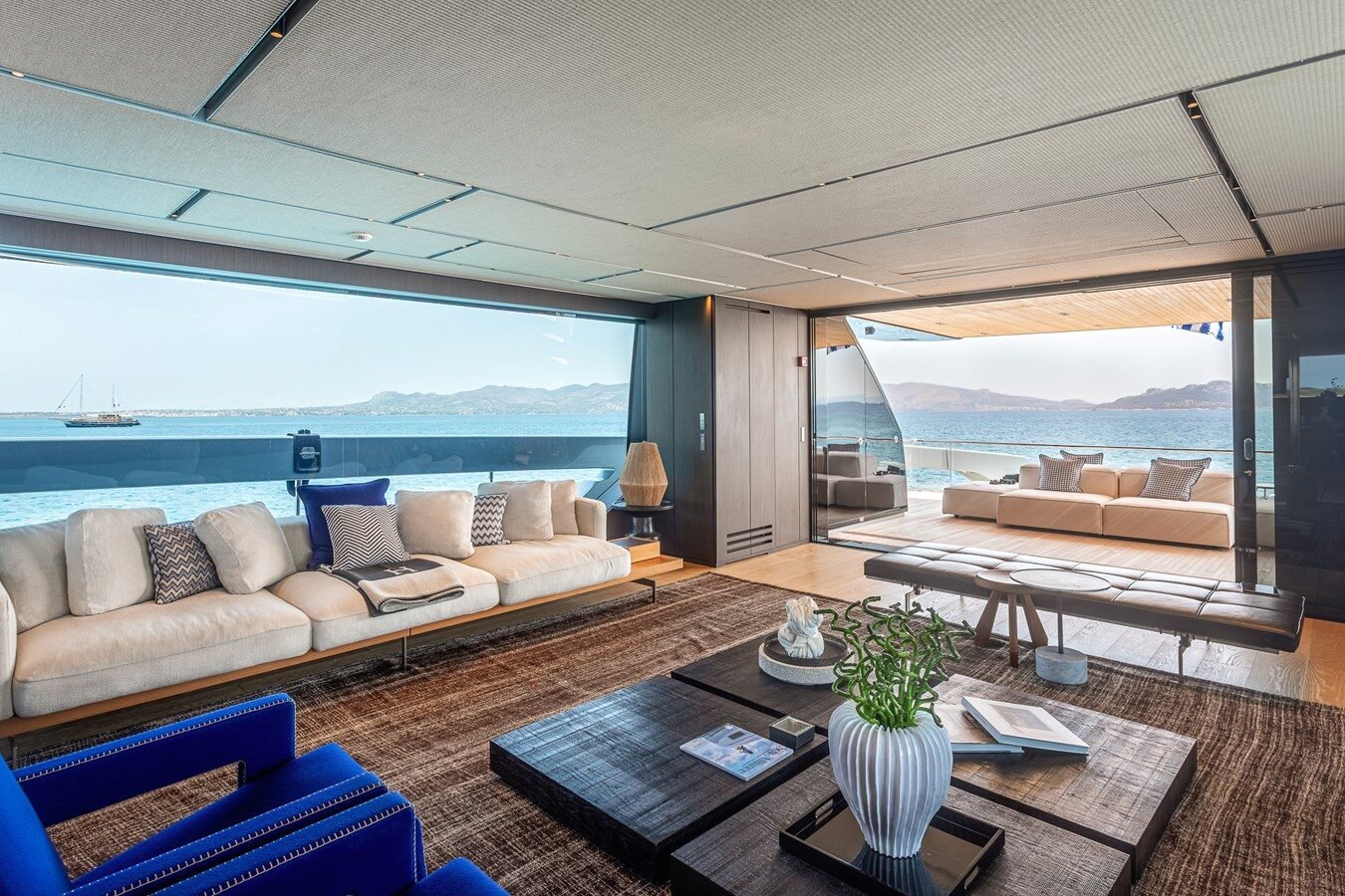 Yacht flybridge with lounge chairs and sun deck