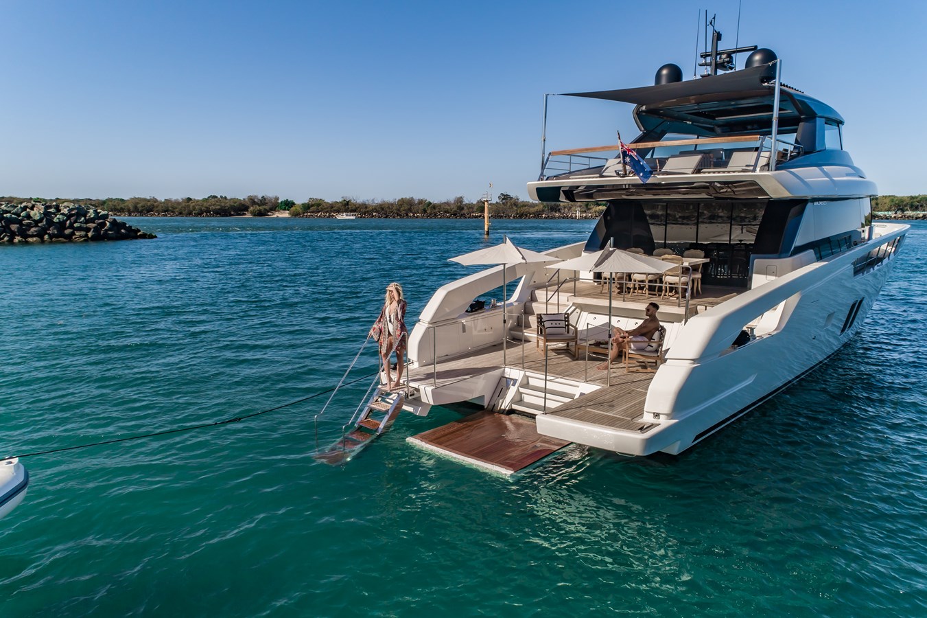 Violetta’s swim platform doubles as a private beach club at sea