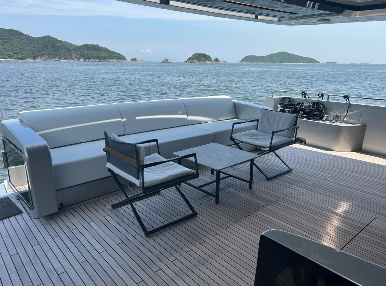 Cockpit seating area on the main deck of Riva 102’ Corsaro Super.