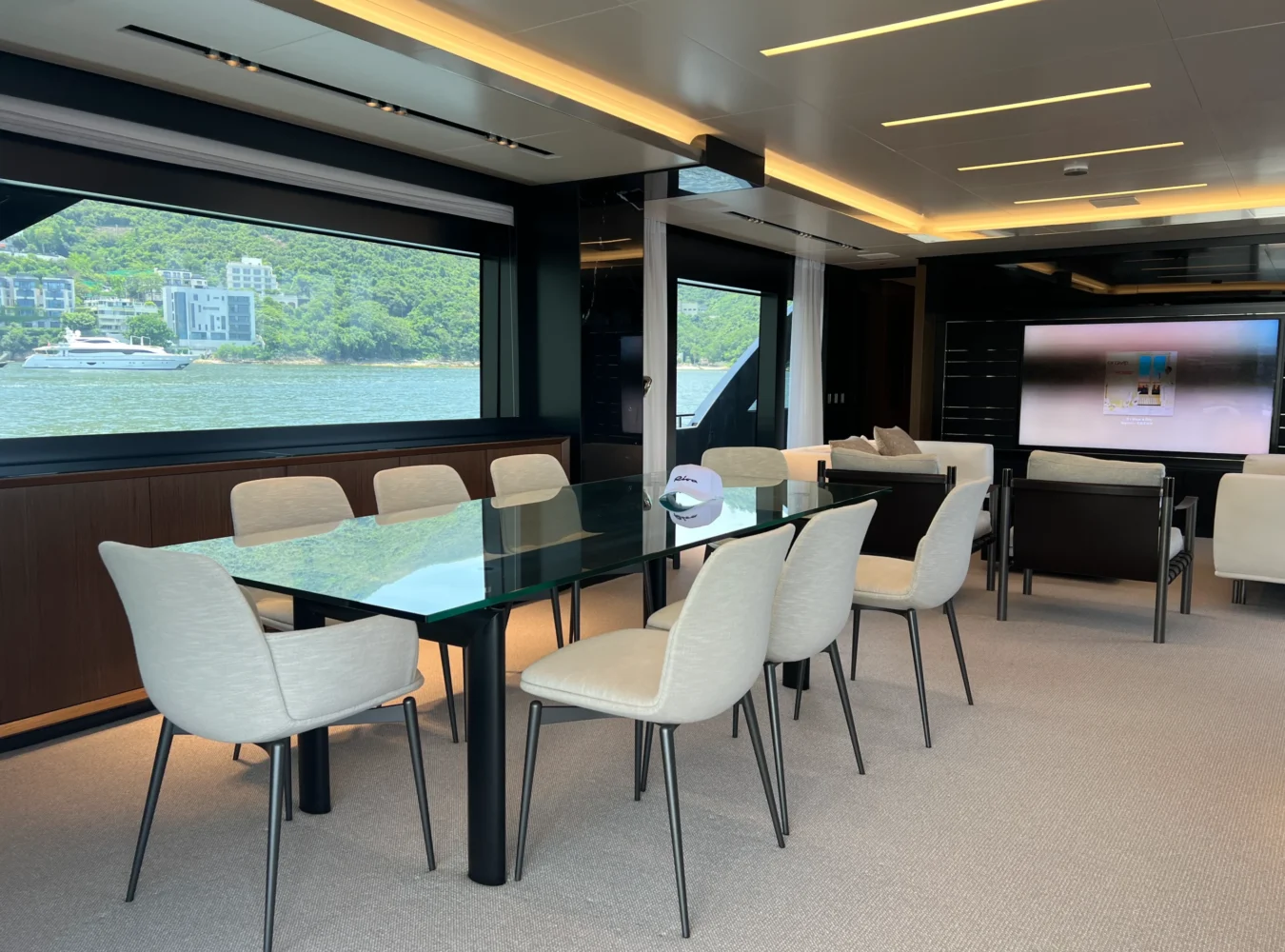 Elegant dining area on the main deck of Riva 102’ Corsaro Super.