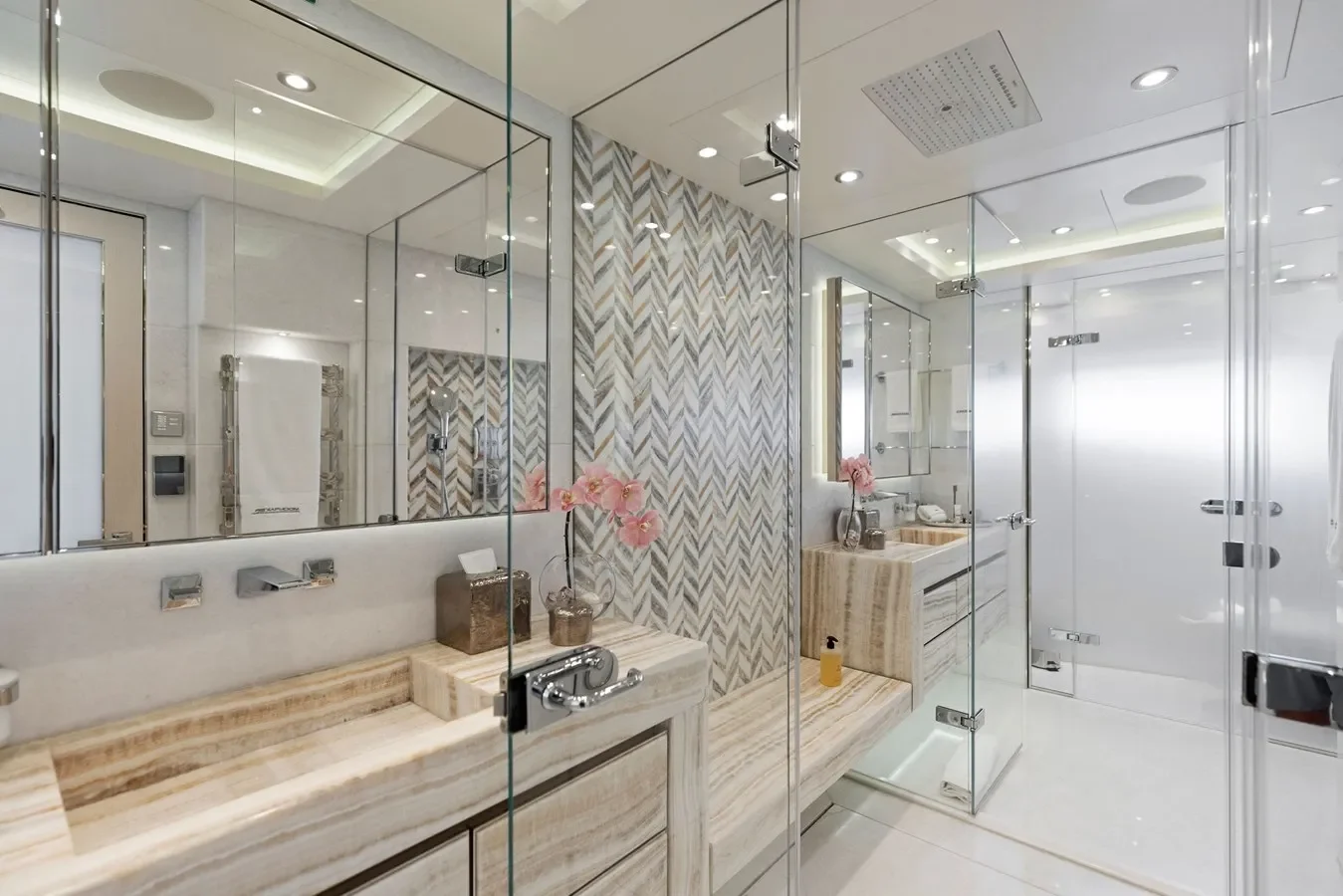 Modern bathroom onboard Bilgin Yachts 156 Moonraker with glass-enclosed shower and refined finishes.