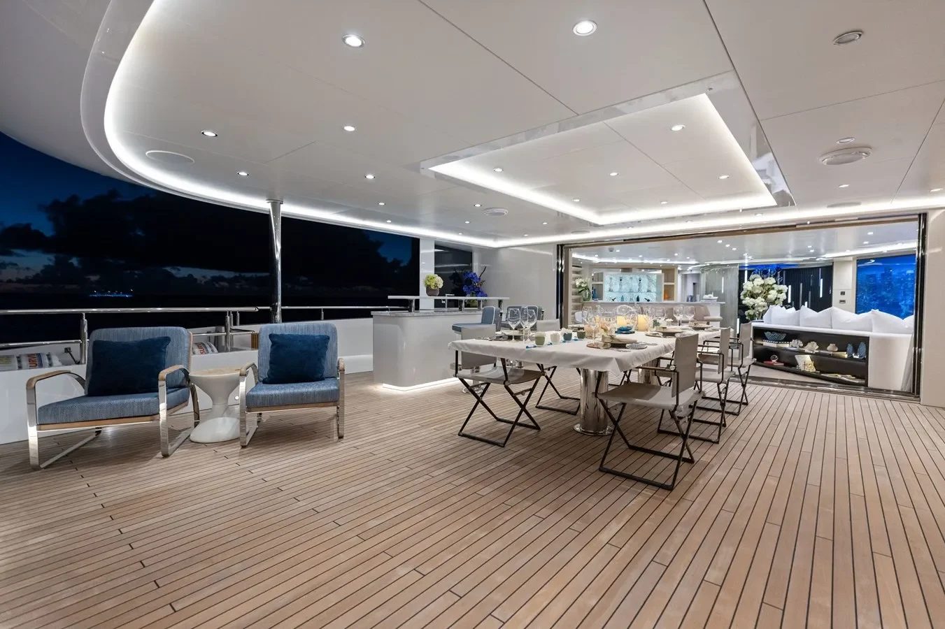 Aft dining area aboard Bilgin Yachts 156 “Moonraker” with spacious seating and ocean views.