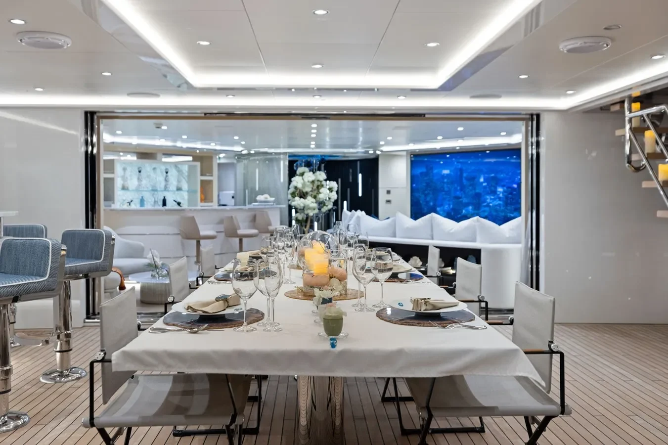 Aft dining area aboard Bilgin Yachts 156 “Moonraker” with spacious seating and ocean views.