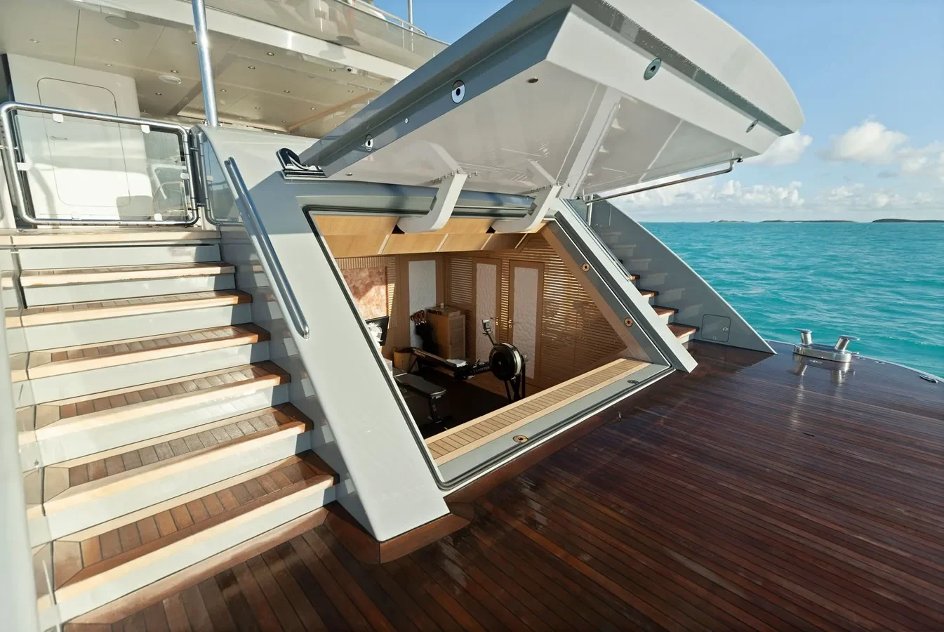 Convertible tender garage and beach club with integrated gym facilities on Bilgin Yachts 156 Moonraker.