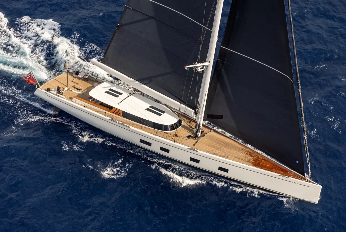 Baltic Yachts 142 Canova yacht aerial top view showcasing full deck layout