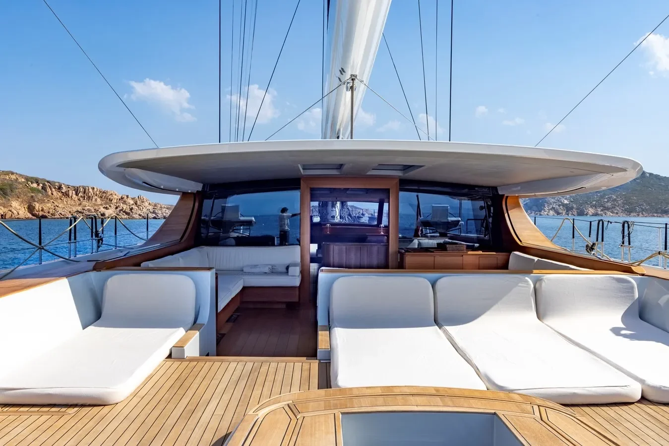 Baltic Yachts 142 Canova yacht upper deck sitting area with panoramic views