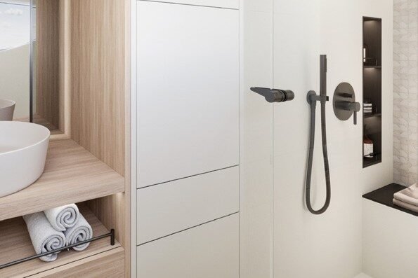 Sunreef Ultima 44 bathroom featuring a washbasin and shower area.