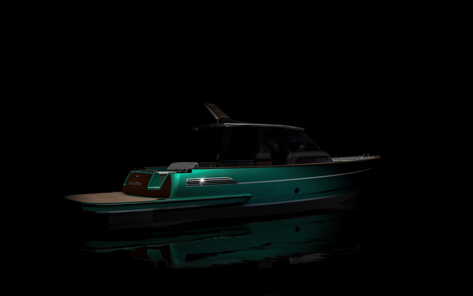 Back side profile of the Lancia Aprea 42 featuring its open beach club and elegant aft design.