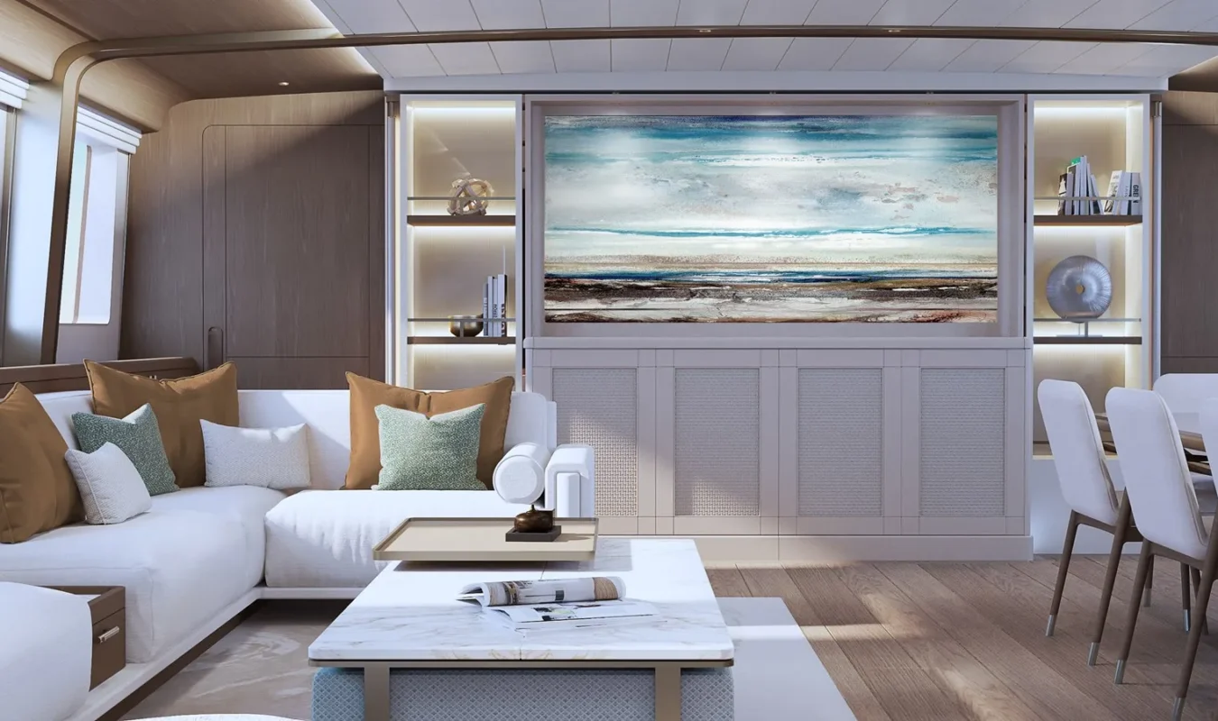 Contemporary salon interior of Ares Custom Yachts 62 Simena with large wall art and sofa seating.
