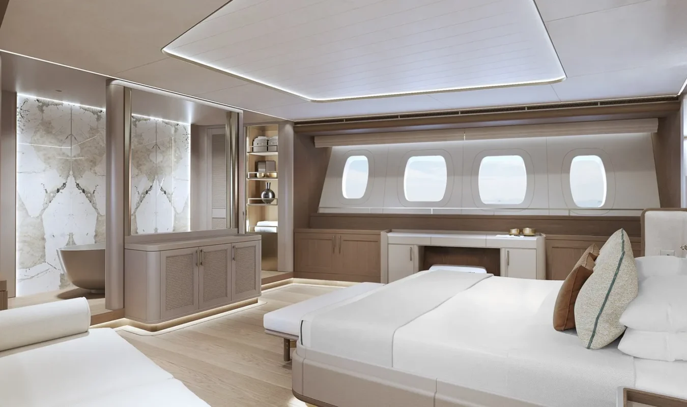 Spacious master suite on Ares Custom Yachts 62 Simena with king bed and warm wood interiors.