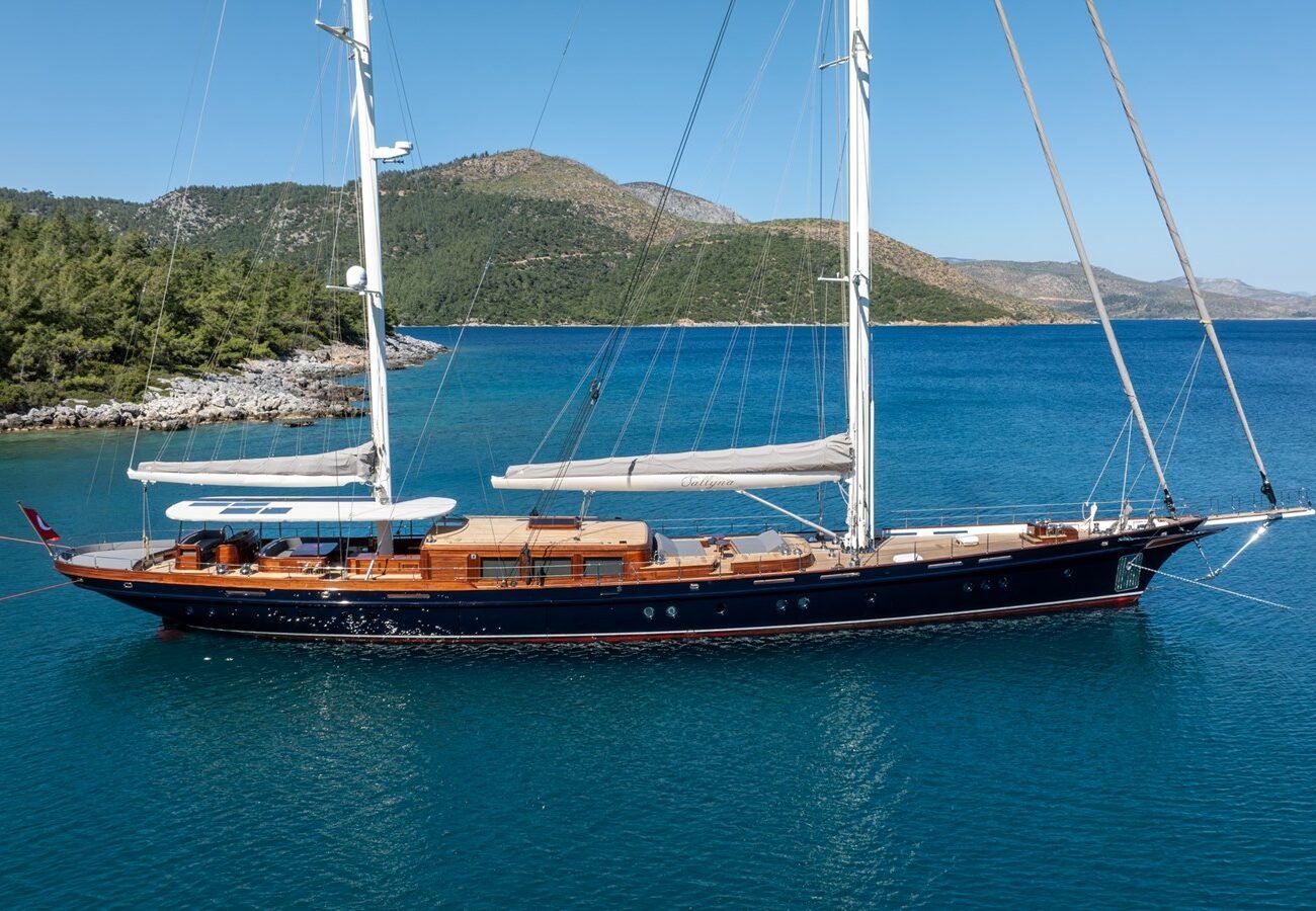 Exterior image of Su Marine 157 SALLYNA sailing yacht for sale showcasing her elegant sailing profile, classic hull lines, and expansive open deck areas.