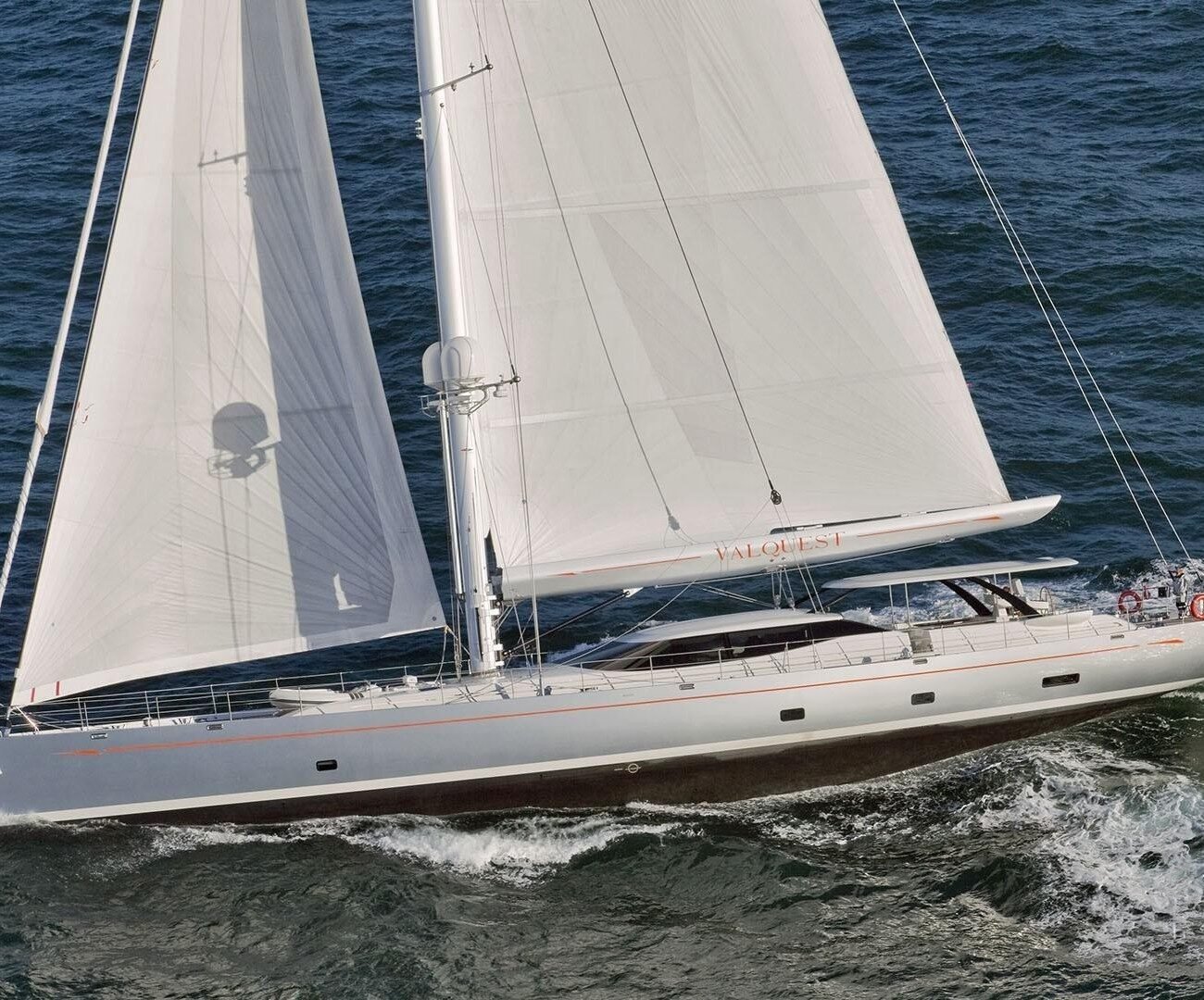 Exterior image of Bloemsma Van Breemen 133 VALQUEST sailing yacht for sale showcasing her elegant sailing profile, sleek hull lines, and expansive open deck areas.