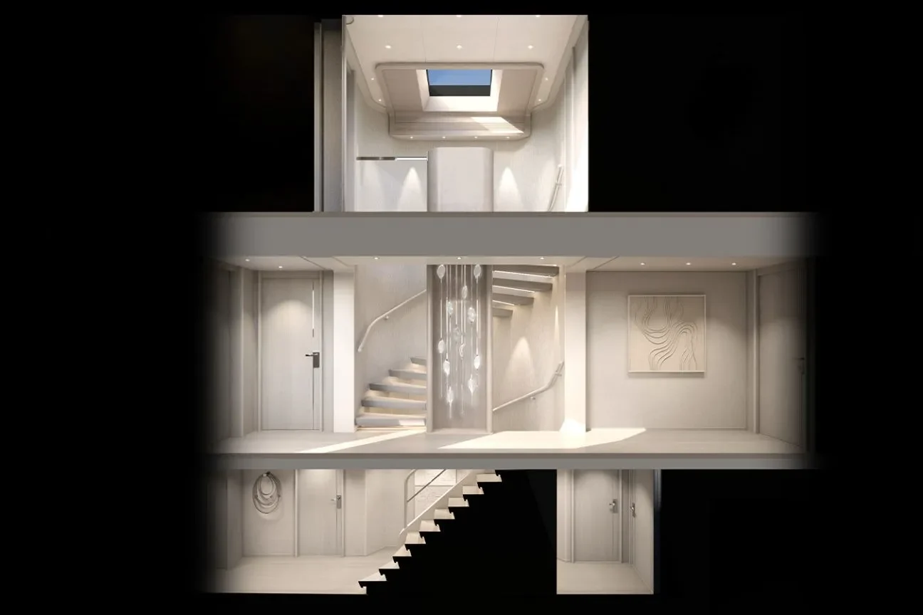 Three-deck atrium of the Heesen GRACE 50M featuring sculptural staircase and skylight
