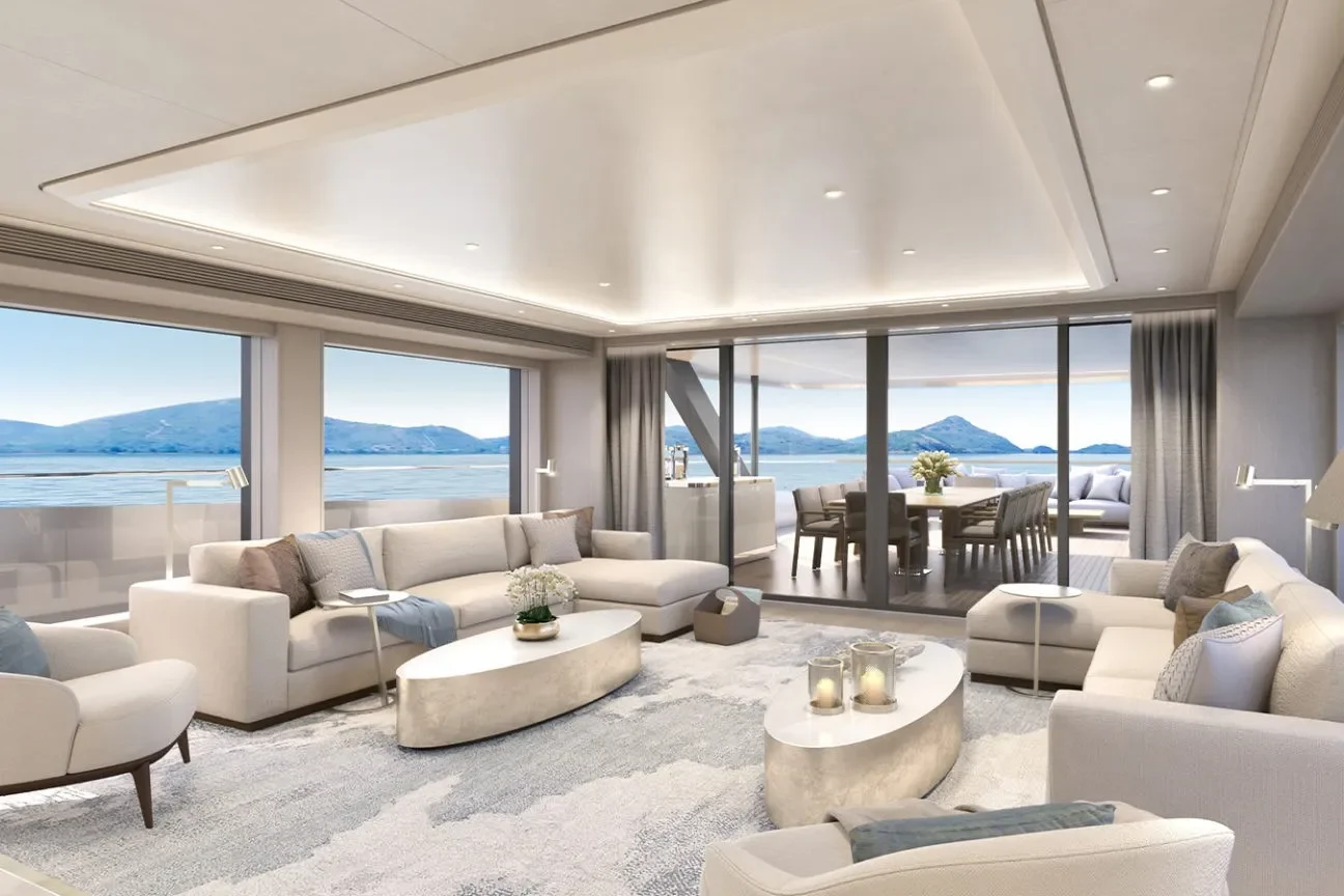 Skylounge interior of the Heesen GRACE 50M featuring panoramic windows and indoor-outdoor relaxation areas