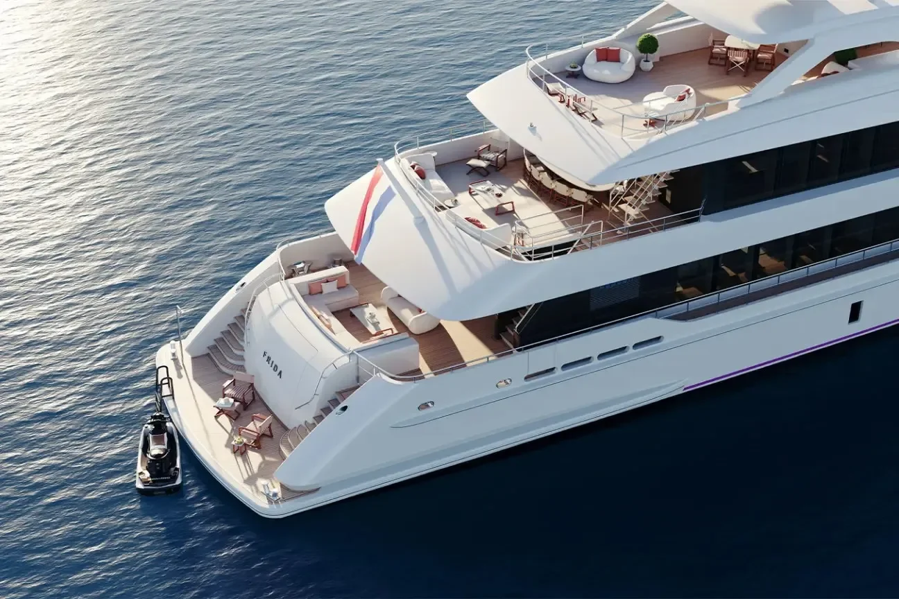 Aft deck multi-level view of the Heesen FRIDA 55M yacht with lounges and tender