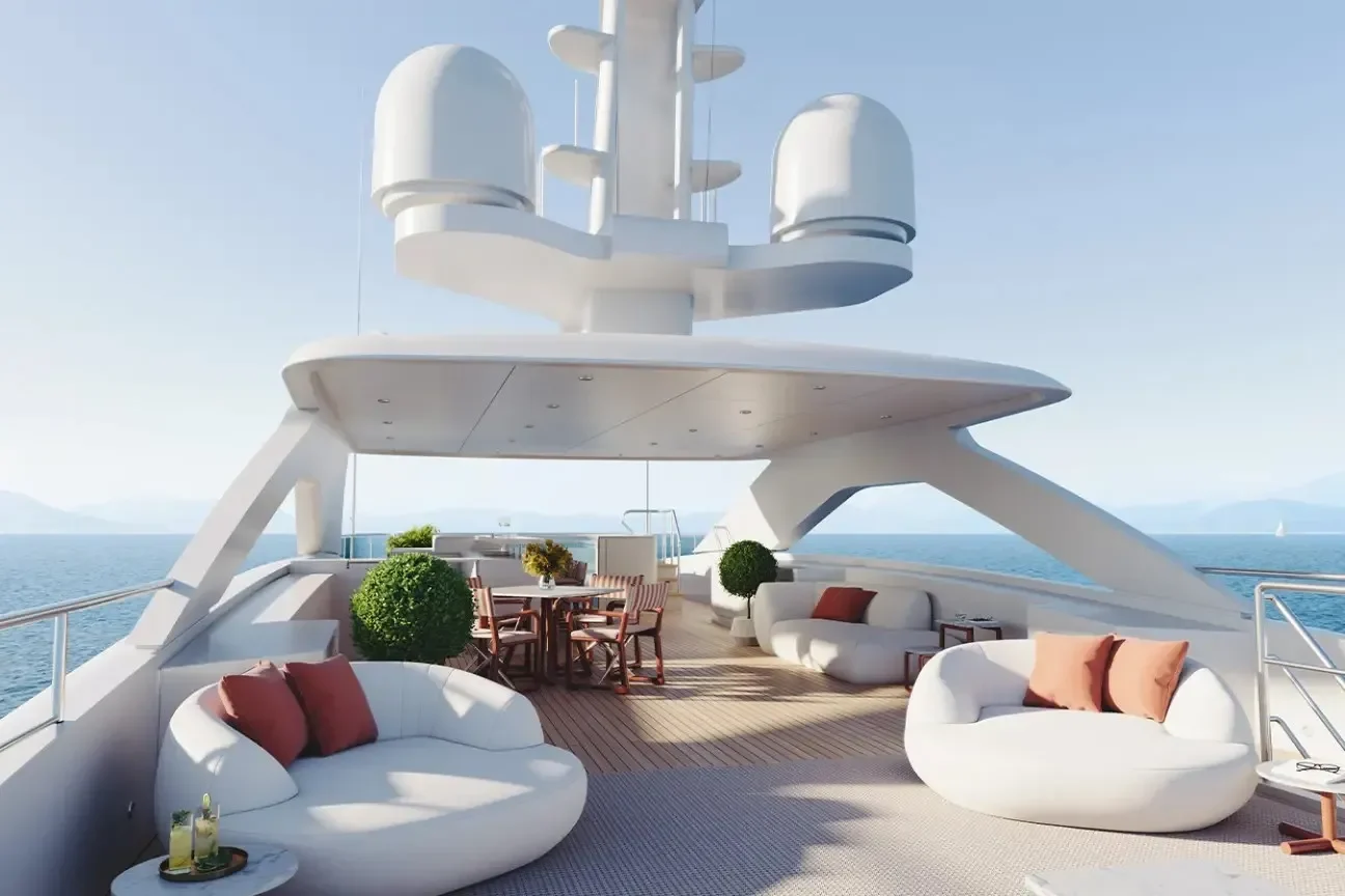 Sun deck aft lounge and dining area of the Heesen FRIDA 55M yacht with panoramic sea views