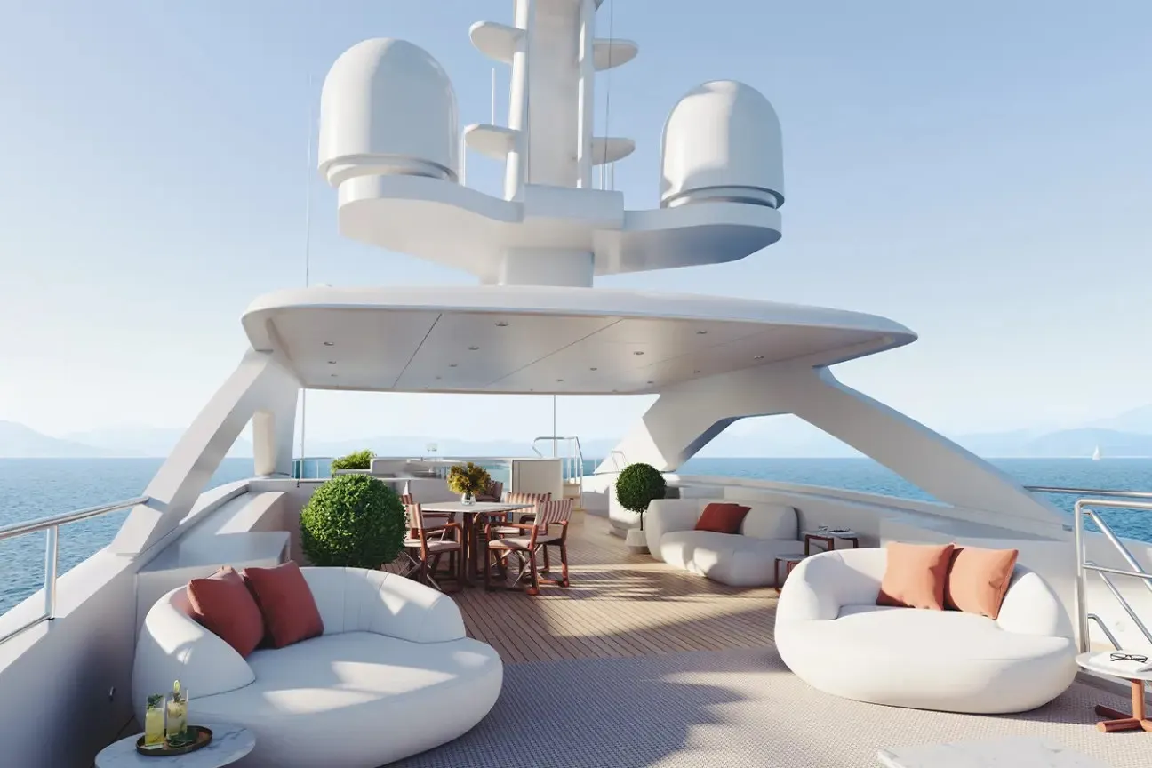 Sun deck aft lounge and dining area of the Heesen FRIDA 55M yacht with panoramic sea views