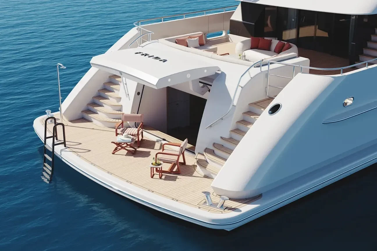 Aft swim platform of the Heesen FRIDA 55M yacht with lounge chairs and sea access