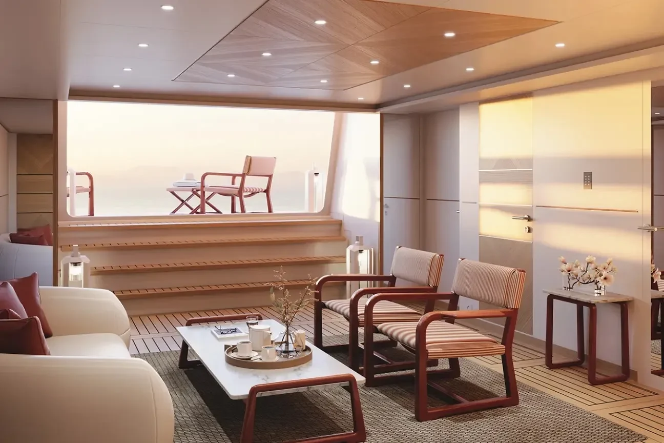 Beach club lounge interior on the Heesen FRIDA 55M yacht with seating and open terrace