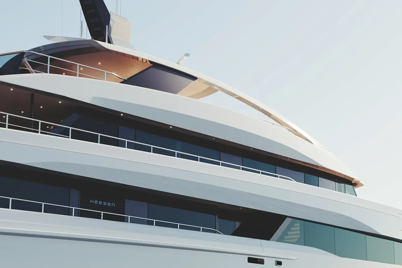 Close-up exterior view of the Heesen GRACE 50M showcasing upper decks and sleek superstructure