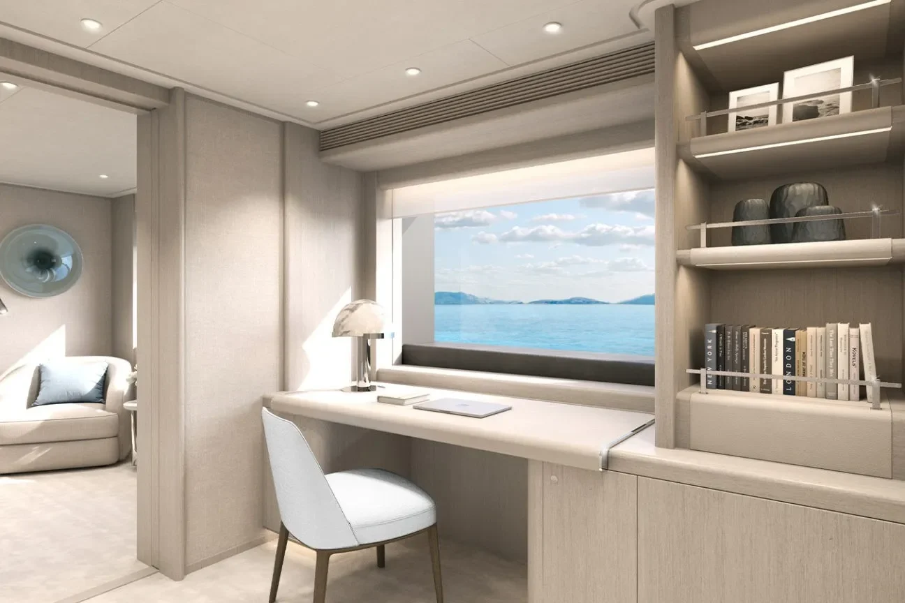 Master suite private office aboard the Heesen GRACE 50M with ocean-view desk and built-in shelving