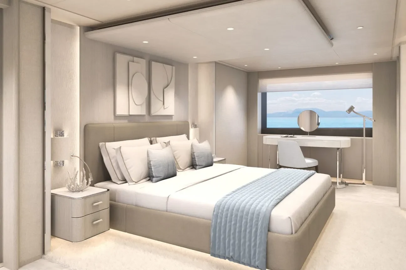 Master Suite interior aboard the Heesen GRACE 50M with panoramic ocean views