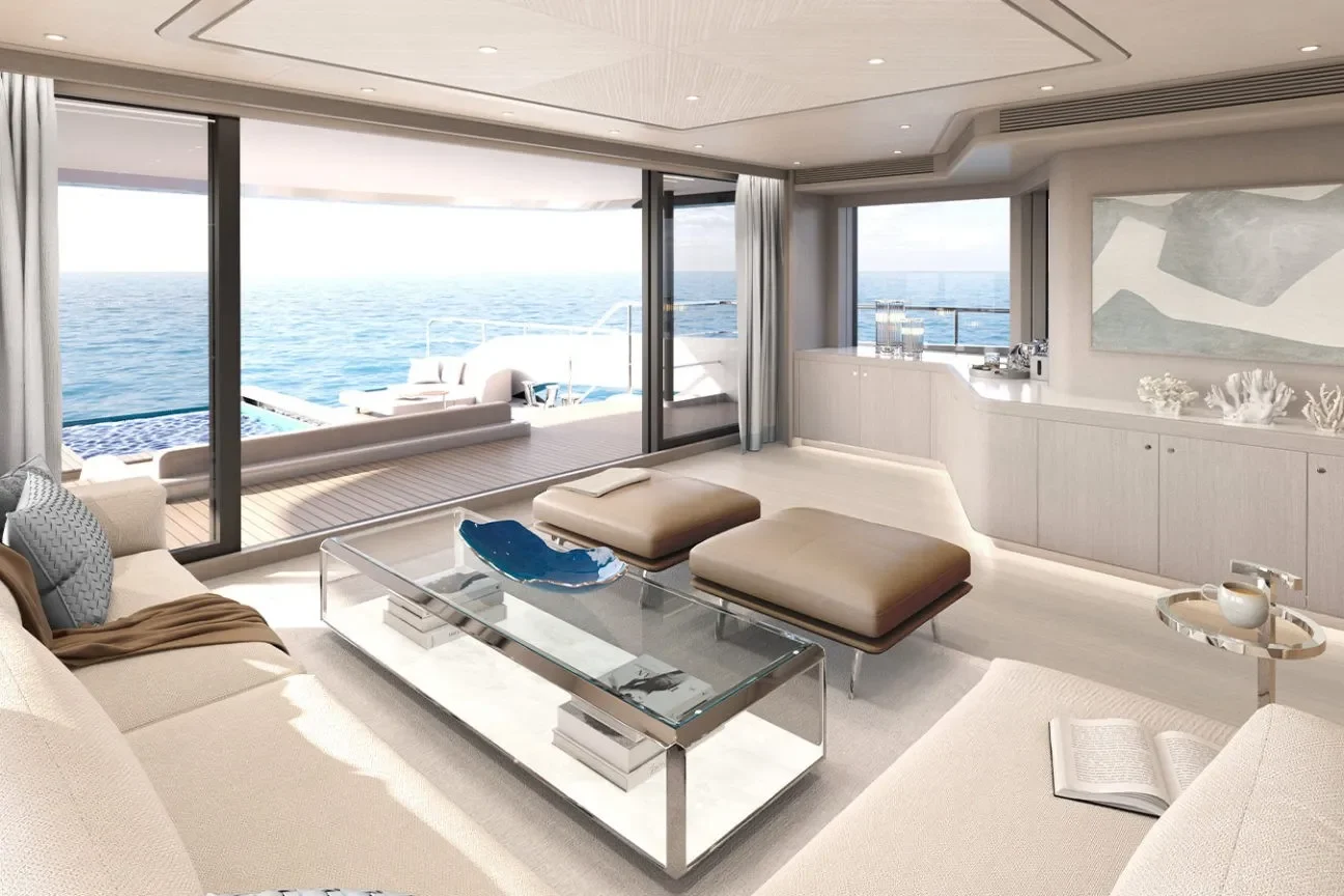 Main deck lounge of the Heesen GRACE 50M with panoramic ocean views and open-air terrace