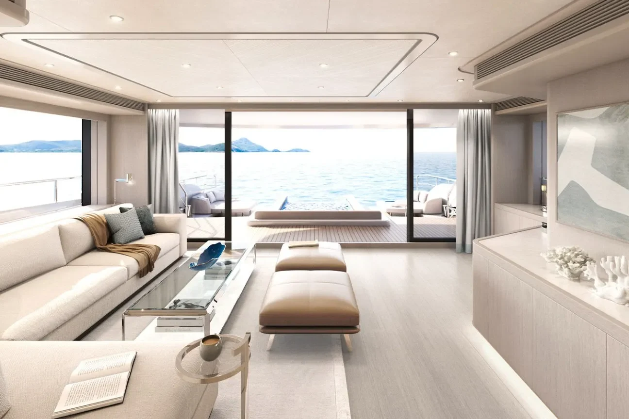 Main deck lounge of the Heesen GRACE 50M with panoramic ocean views and open-air terrace access