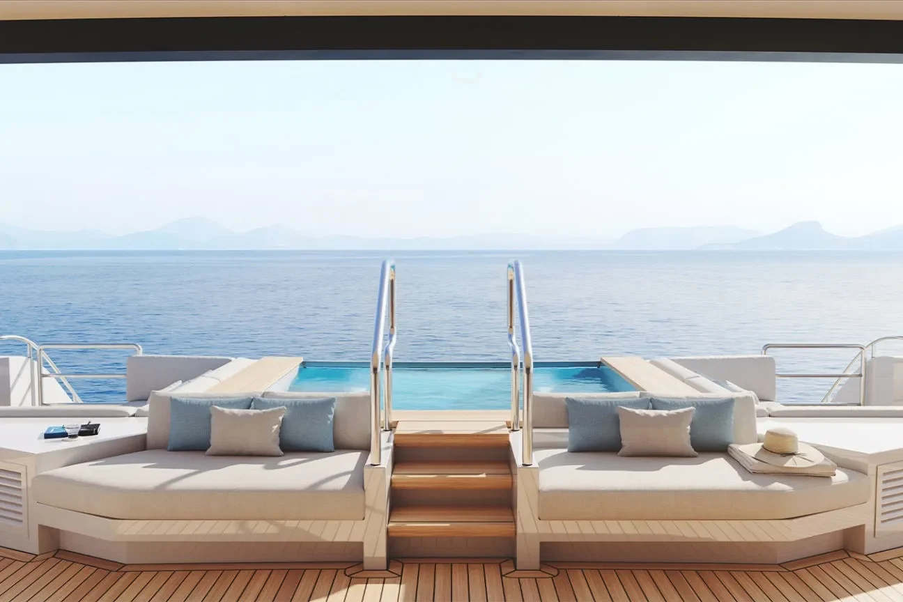 Aft deck pool and sun loungers on the Heesen Evita 57M Superyacht