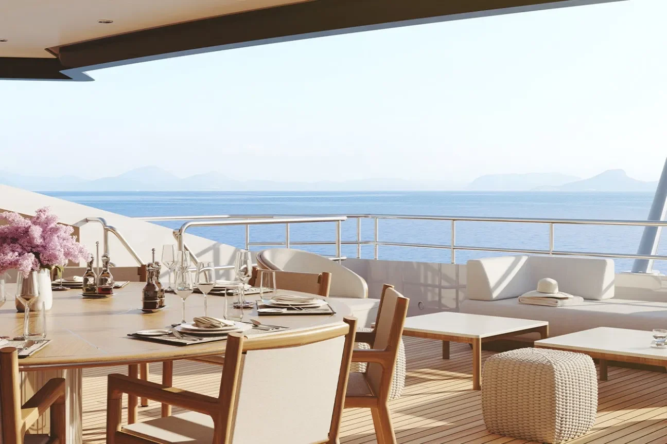 Outdoor dining deck with ocean views on the Heesen Evita 57M yacht