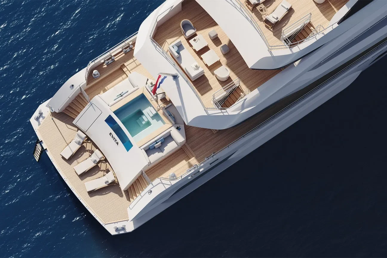 Top-down view of the Heesen FRIDA 55M yacht’s aft deck pool and sun loungers.