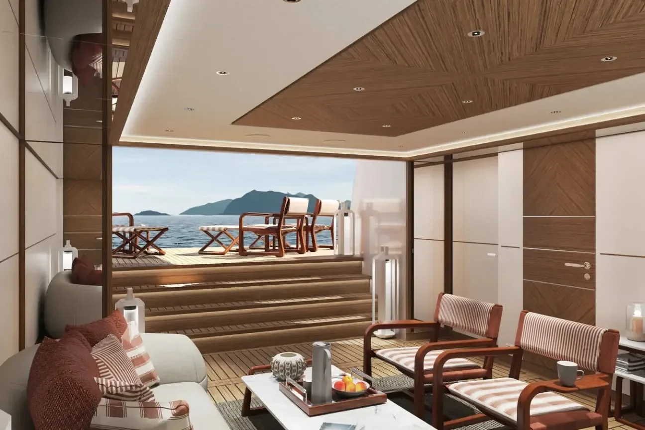 Beach club lounge with sea view on the Heesen FRIDA 55M yacht