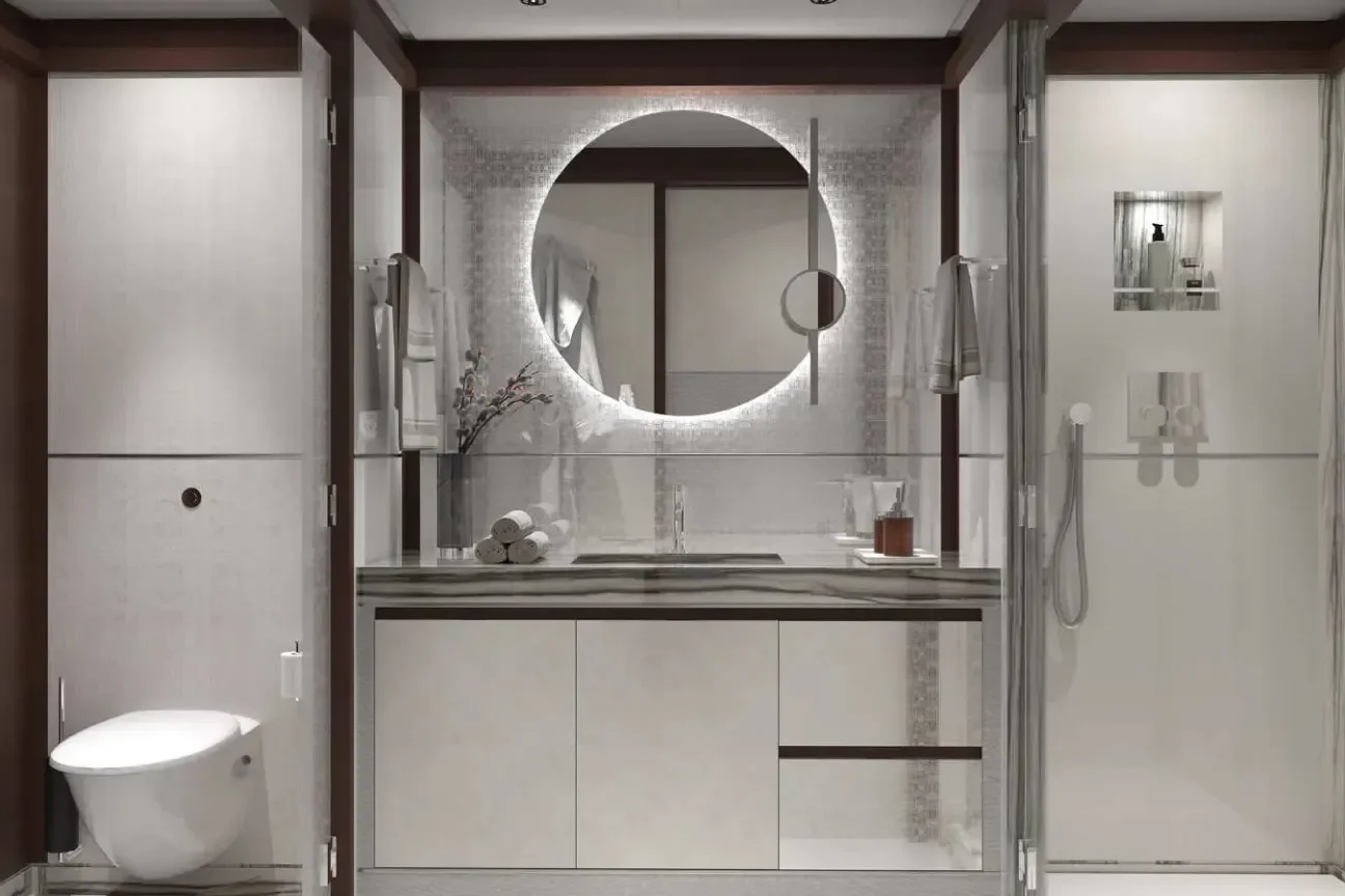 Guest bathroom with illuminated vanity on the Heesen FRIDA 55M yacht