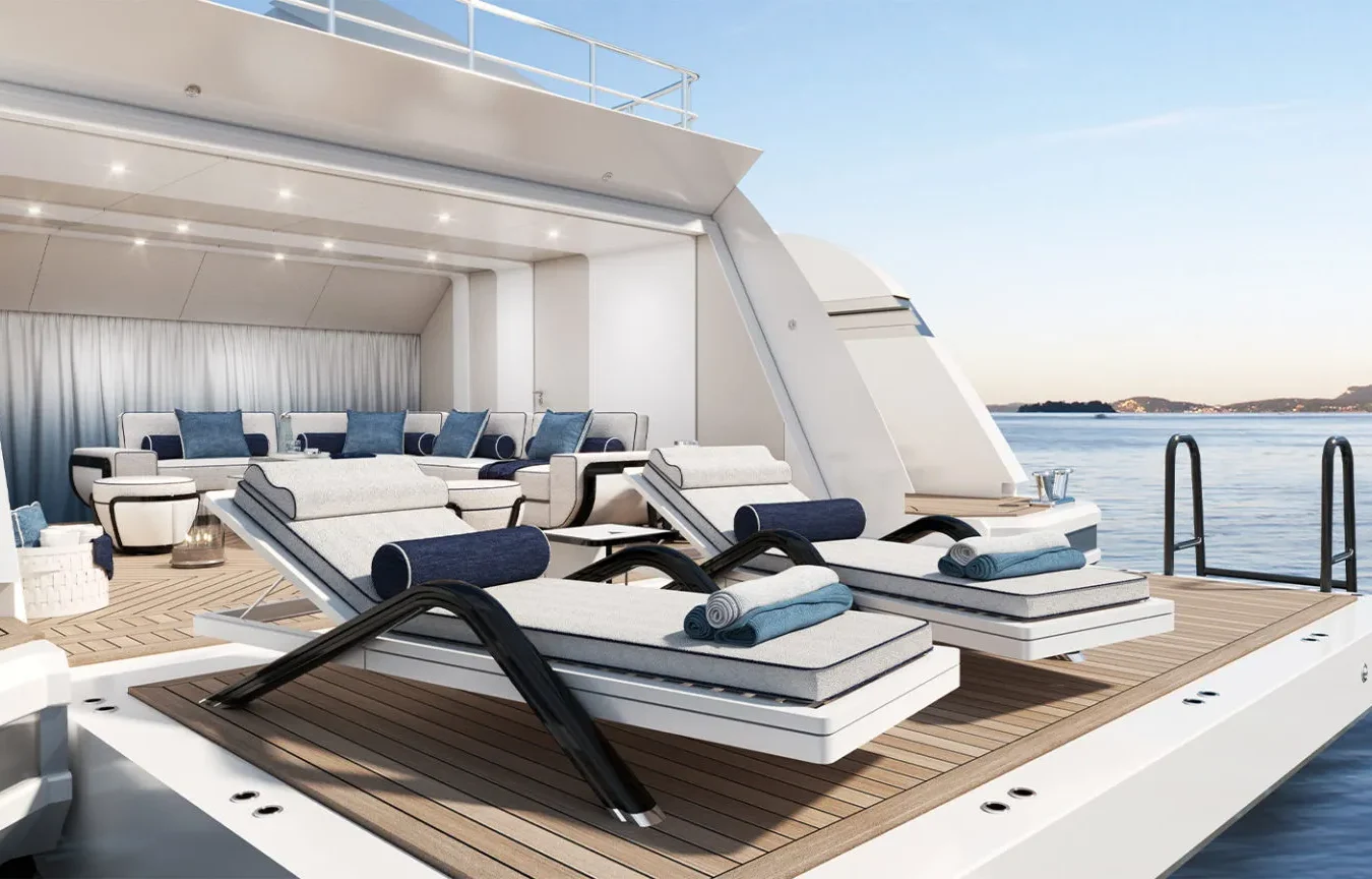 Sophia 50M Beach Club – Luxury Aft Terrace with Sun Loungers