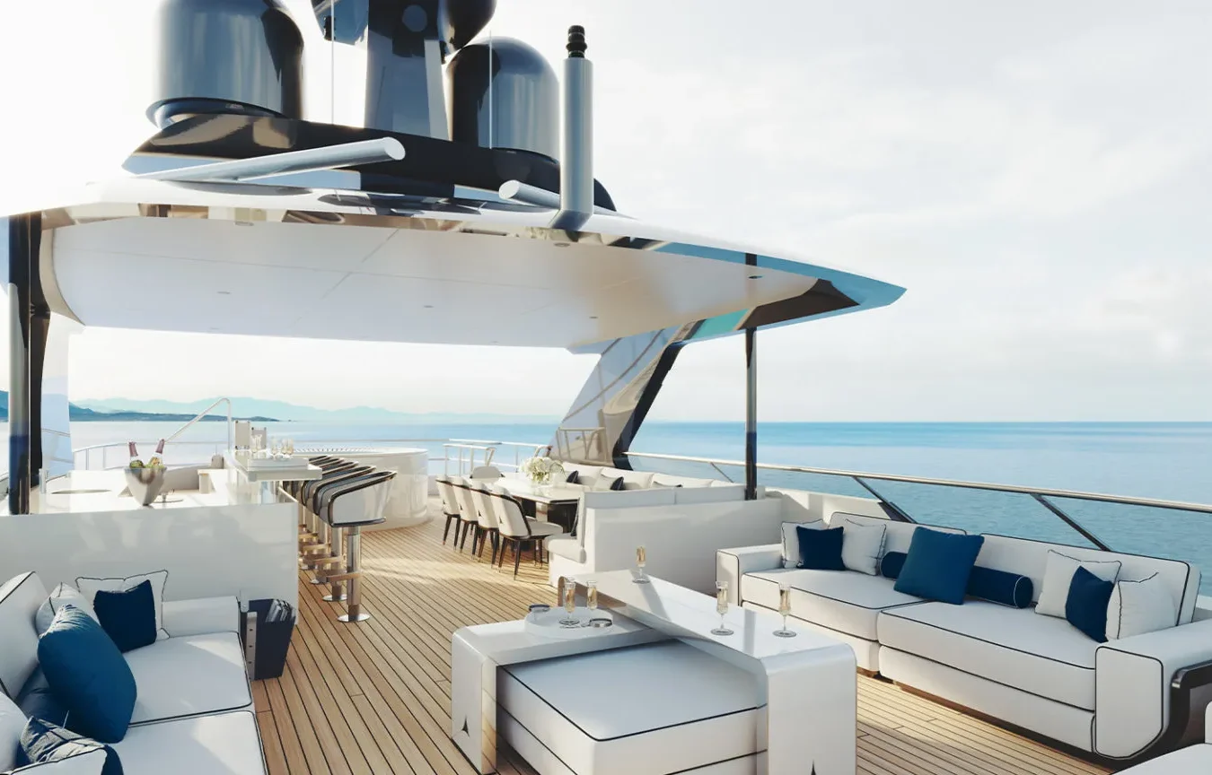 Sophia 50M superyacht sun deck featuring lounge sofas, bar seating, and ocean views