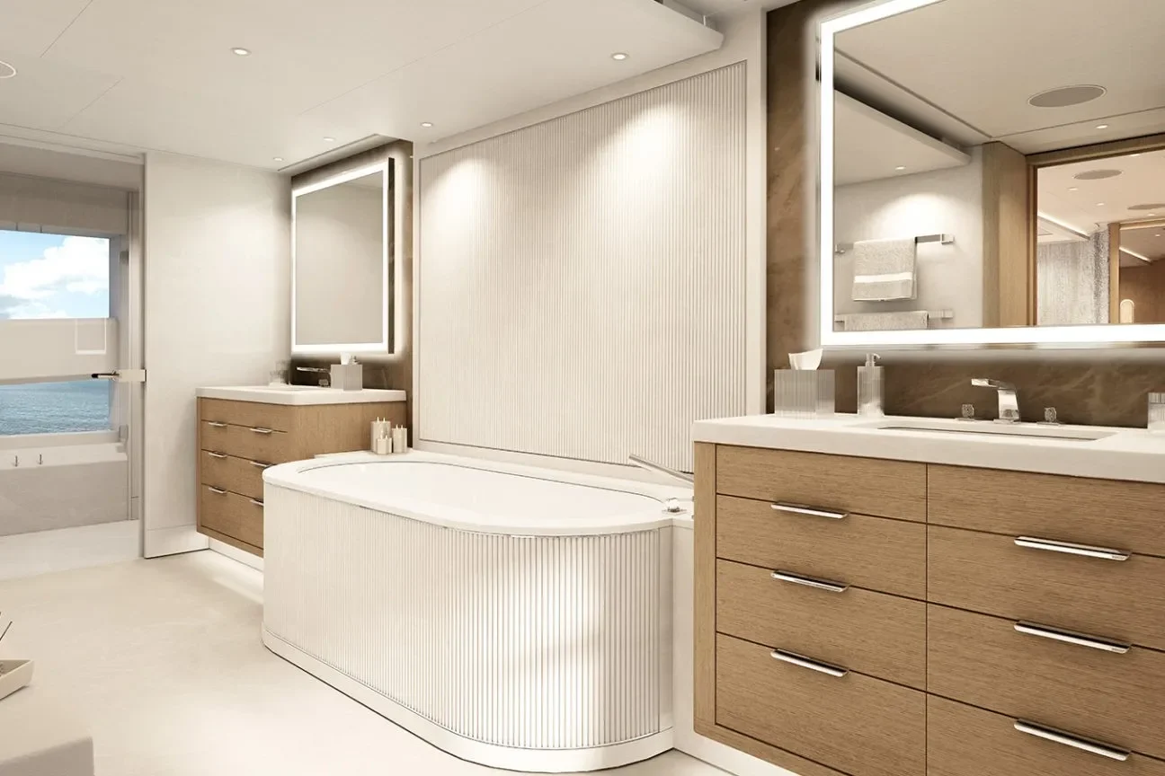 A luxurious master ensuite bathroom aboard the Heesen Evita 57M Superyacht with ocean views.