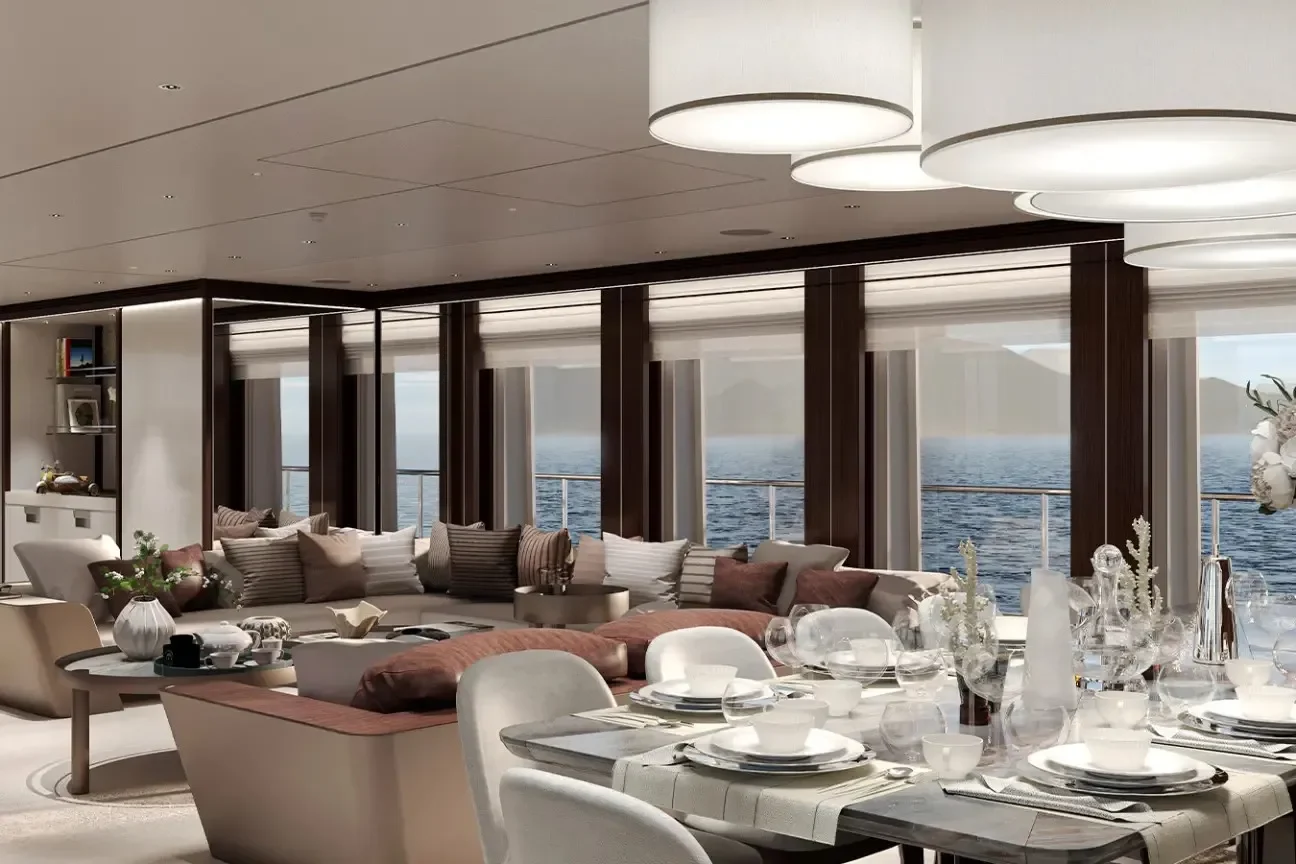 Main salon dining and lounge area aboard the Heesen FRIDA 55M yacht