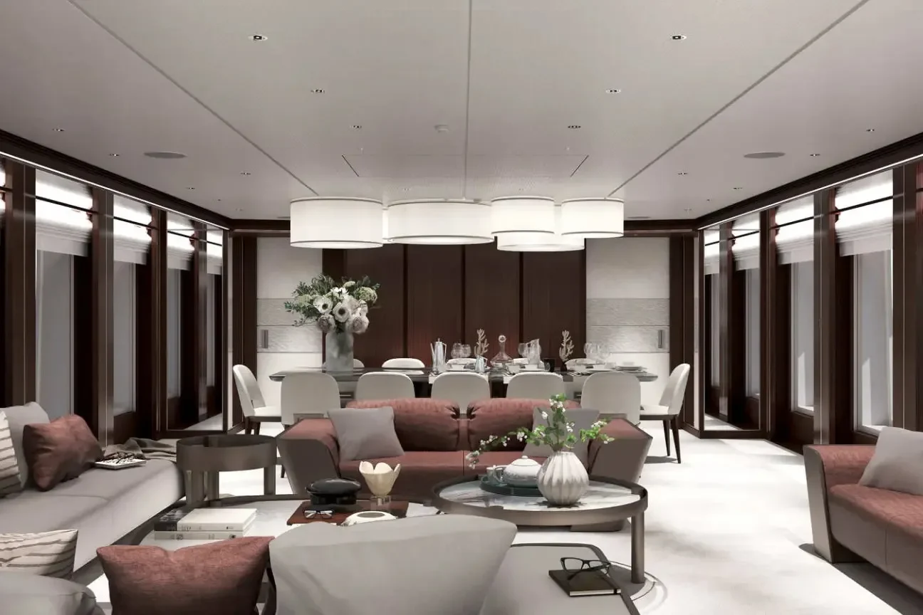 Main salon lounge and dining area on the Heesen FRIDA 55M yacht
